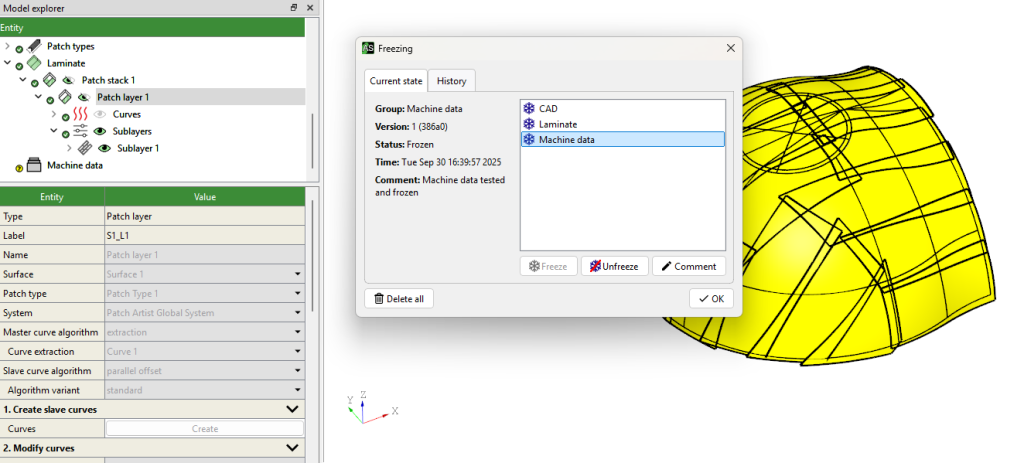 Frozen machine data in ARTIST STUDIO: Editing of the selected “Patch layer 1” is disabled, ensuring data integrity for manufacturing.